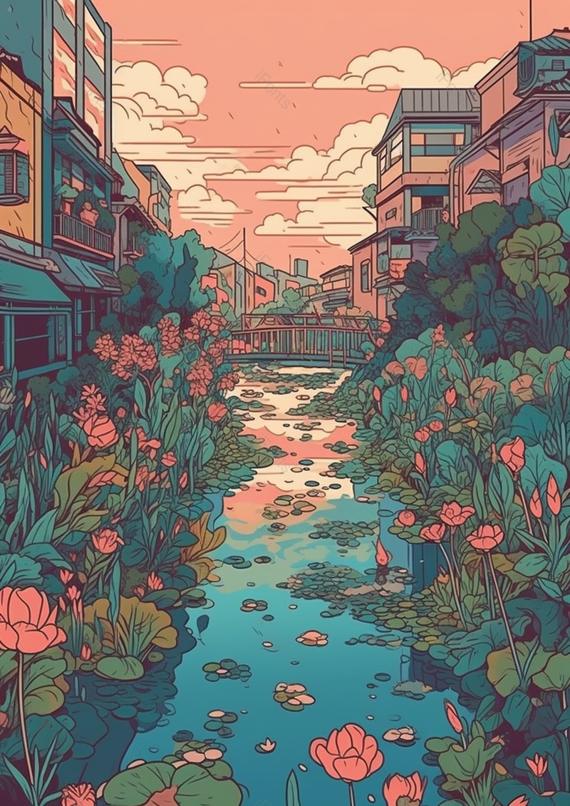 花朵植物建筑蓝天手绘风景,插画/手绘图,插画/手绘图库,插画/手绘图下载,插画/手绘